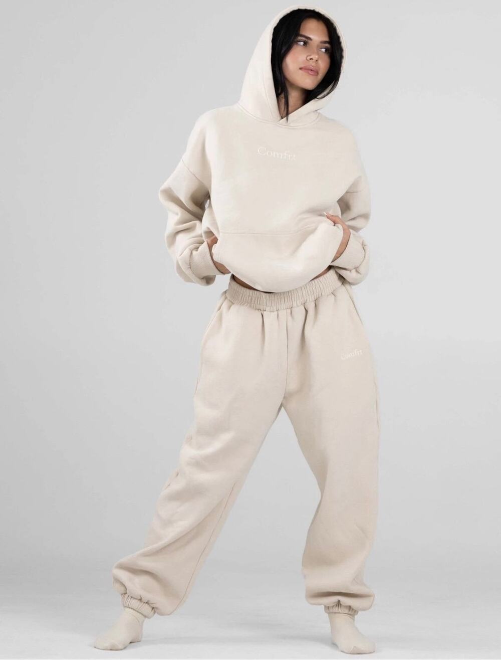 Comfrt Oversize Signature Hoodie Sweatpant Set Bone Cream Medium Unisex Lounge